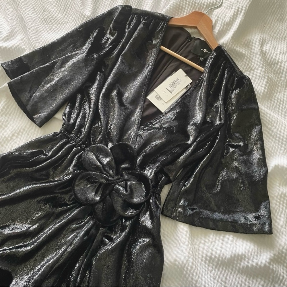 7 for all Mankind Black Velvet Shine Plunge Neck Wide Leg Jumpsuit
